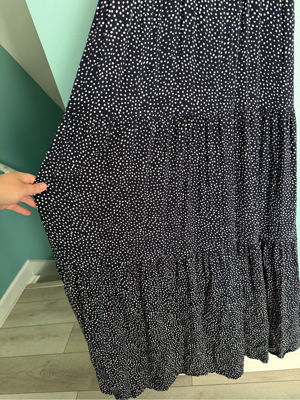 SHEIN Navy Polka Dot Maxi Dress Size L Sleeveless Tiered Stretch Waist Boho - Picture 3 of 5